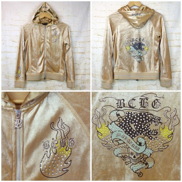 Vtg BCBGMAXAZRIA Y2K Velour Hoodie Track Jacket M Beige Rhinestone Graphic Flame - Picture 1 of 15